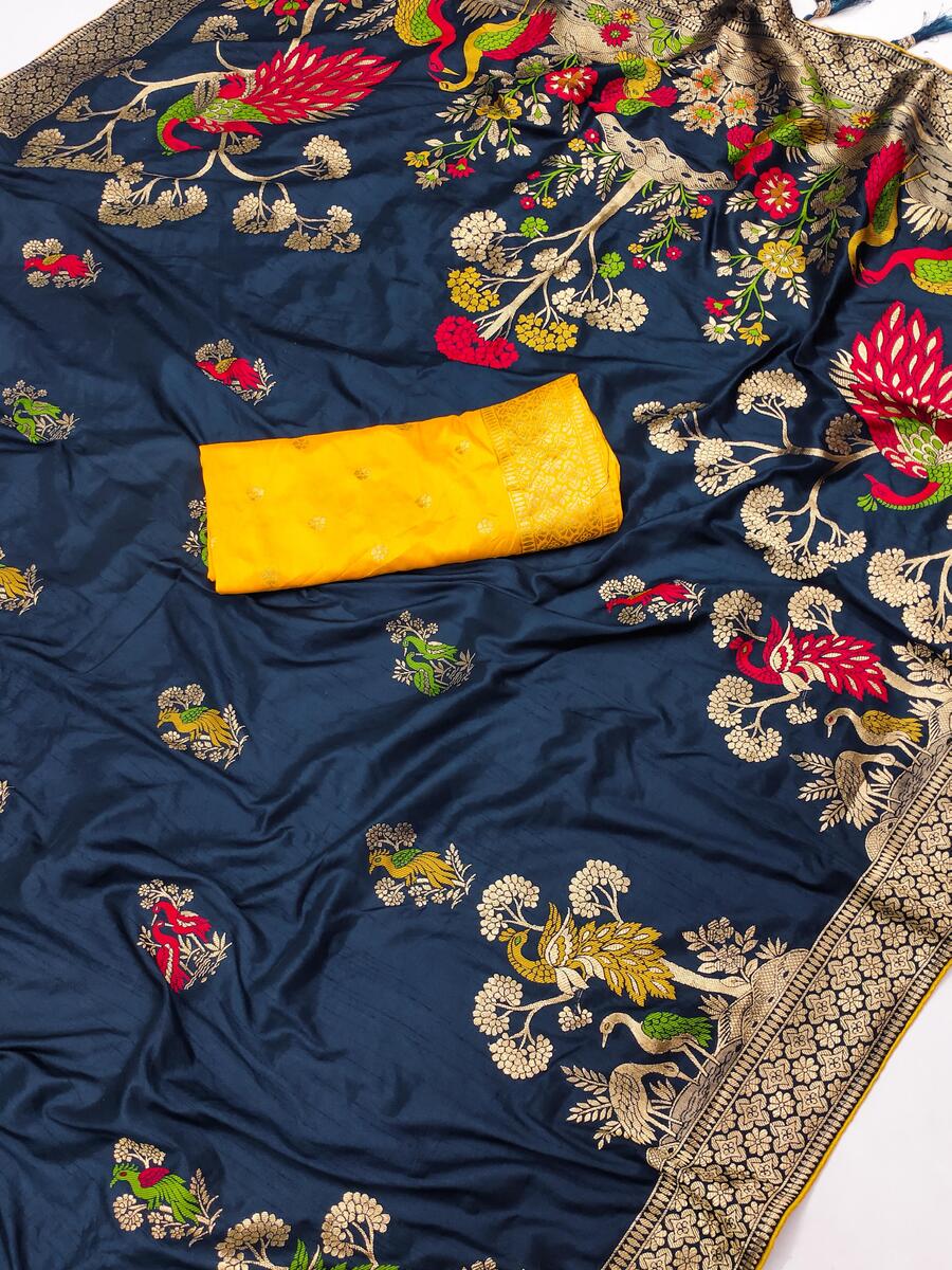 Cynosure Navy Blue Viscose Dola Silk Saree With Staring Blouse Piece