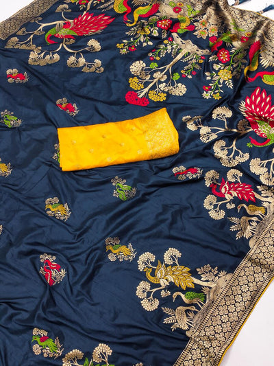 Cynosure Navy Blue Viscose Dola Silk Saree With Staring Blouse Piece