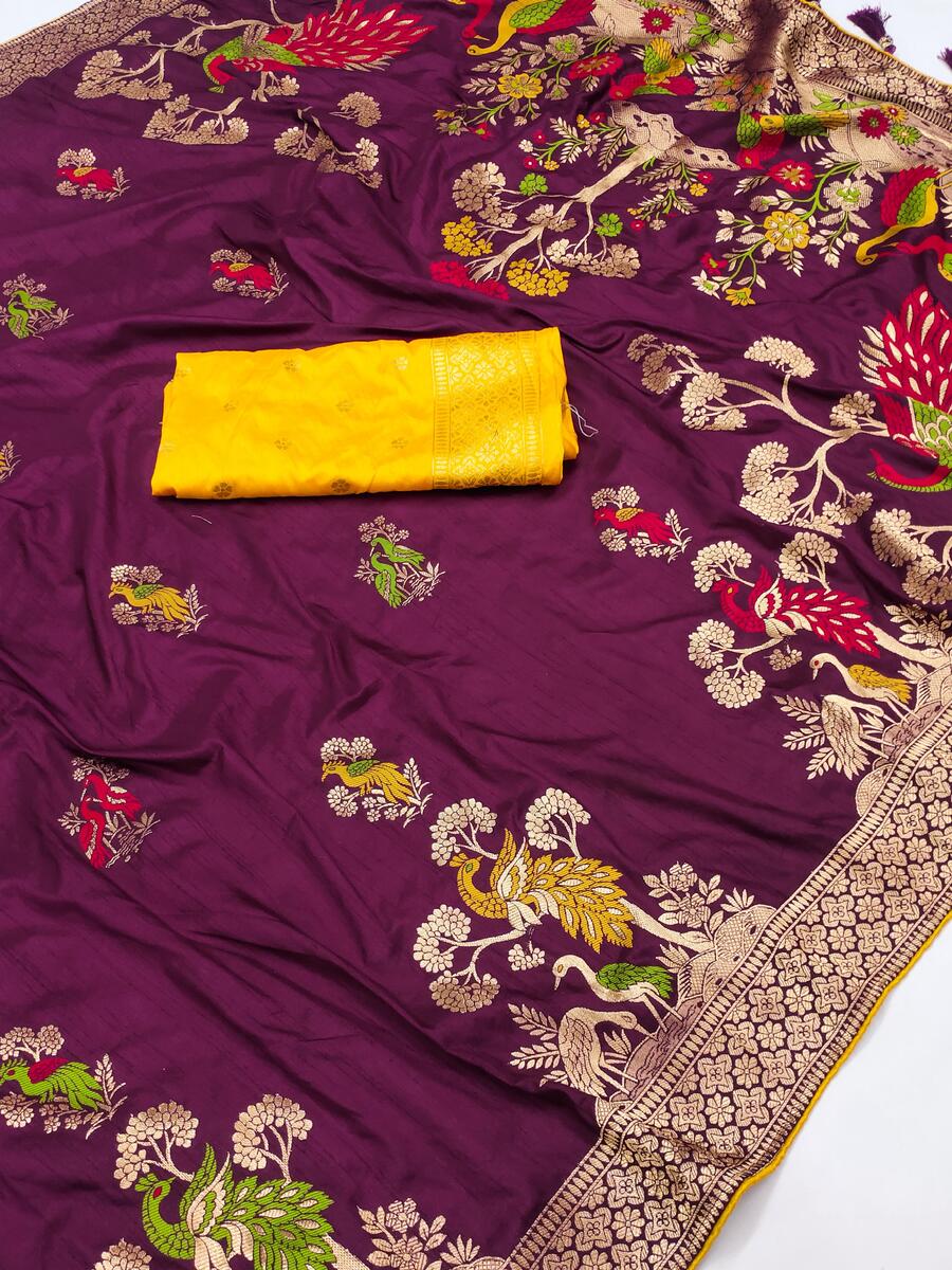 Dulcet Wine Viscose Dola Silk Saree With Exemplary Blouse Piece