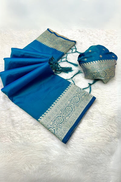 Intricate Firozi Soft Banarasi Silk Saree With Gorgeous Blouse Piece