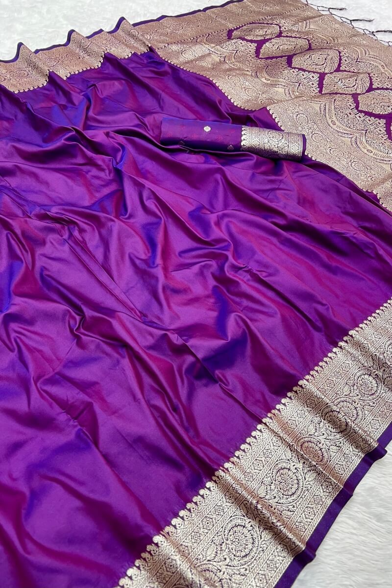 Pretty Purple Soft Banarasi Silk Saree With Ethnic Blouse Piece