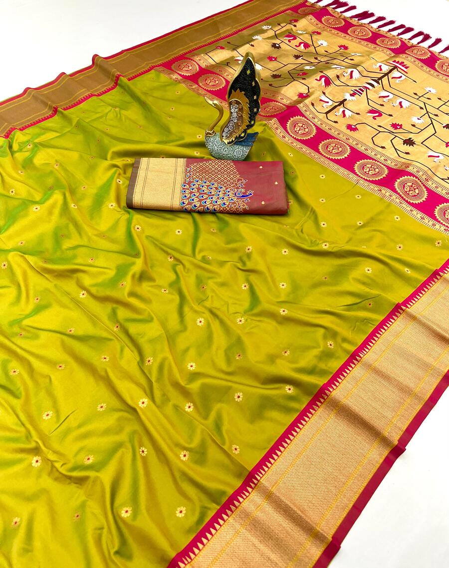 Elision Mehndi Paithani Silk Saree With Embellished Blouse Piece