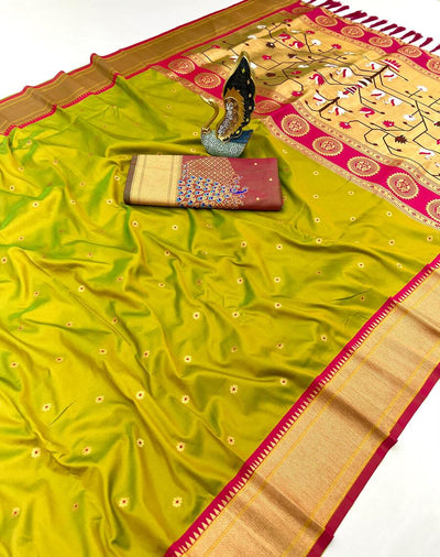 Elision Mehndi Paithani Silk Saree With Embellished Blouse Piece