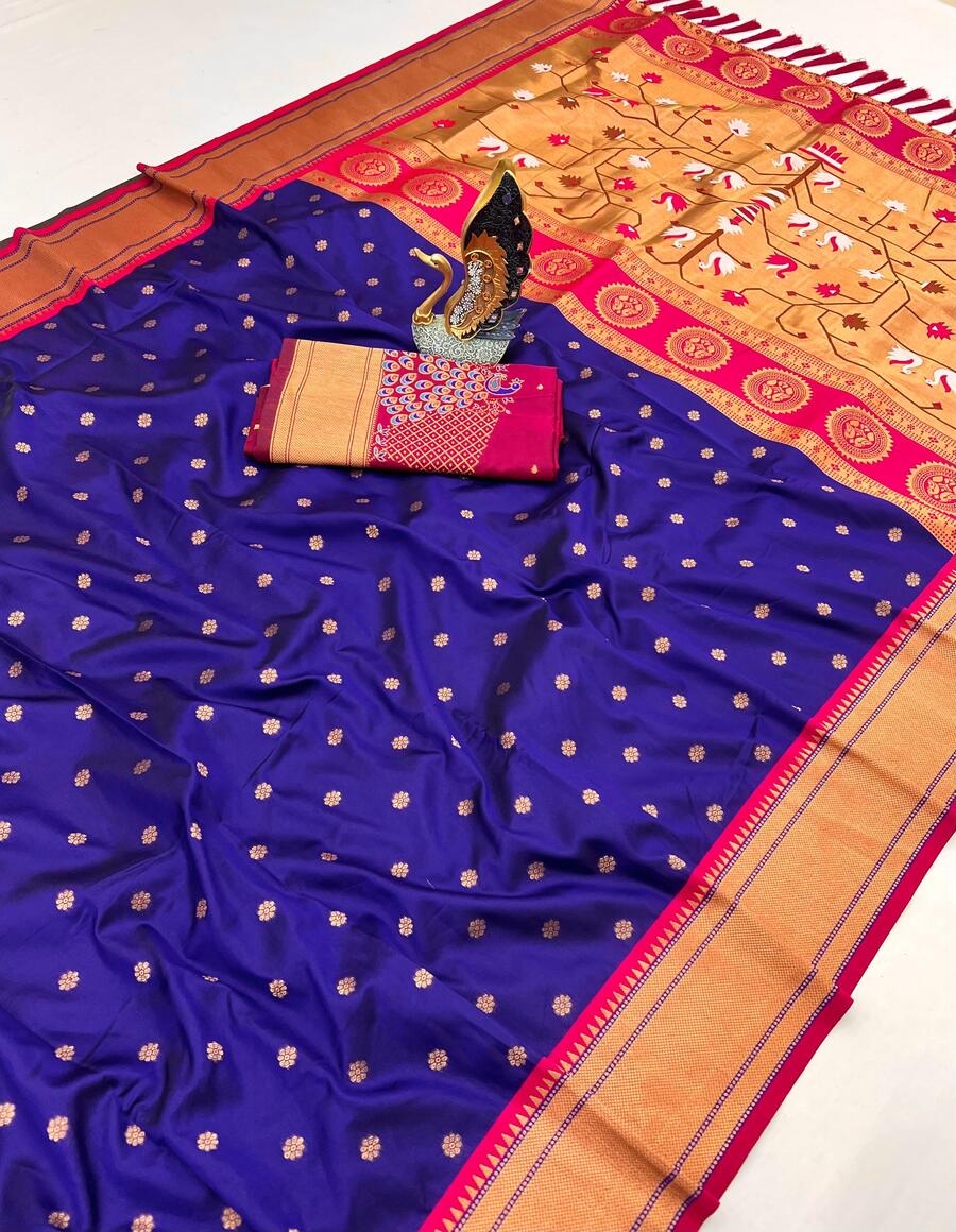 Beautiful Navy Blue Paithani Silk Saree With Enticing Blouse Piece