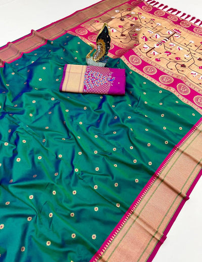 Resplendent Rama Paithani Silk Saree With Lissome Blouse Piece