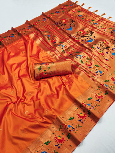 Arresting Orange Paithani Silk Saree With Intricate Blouse Piece