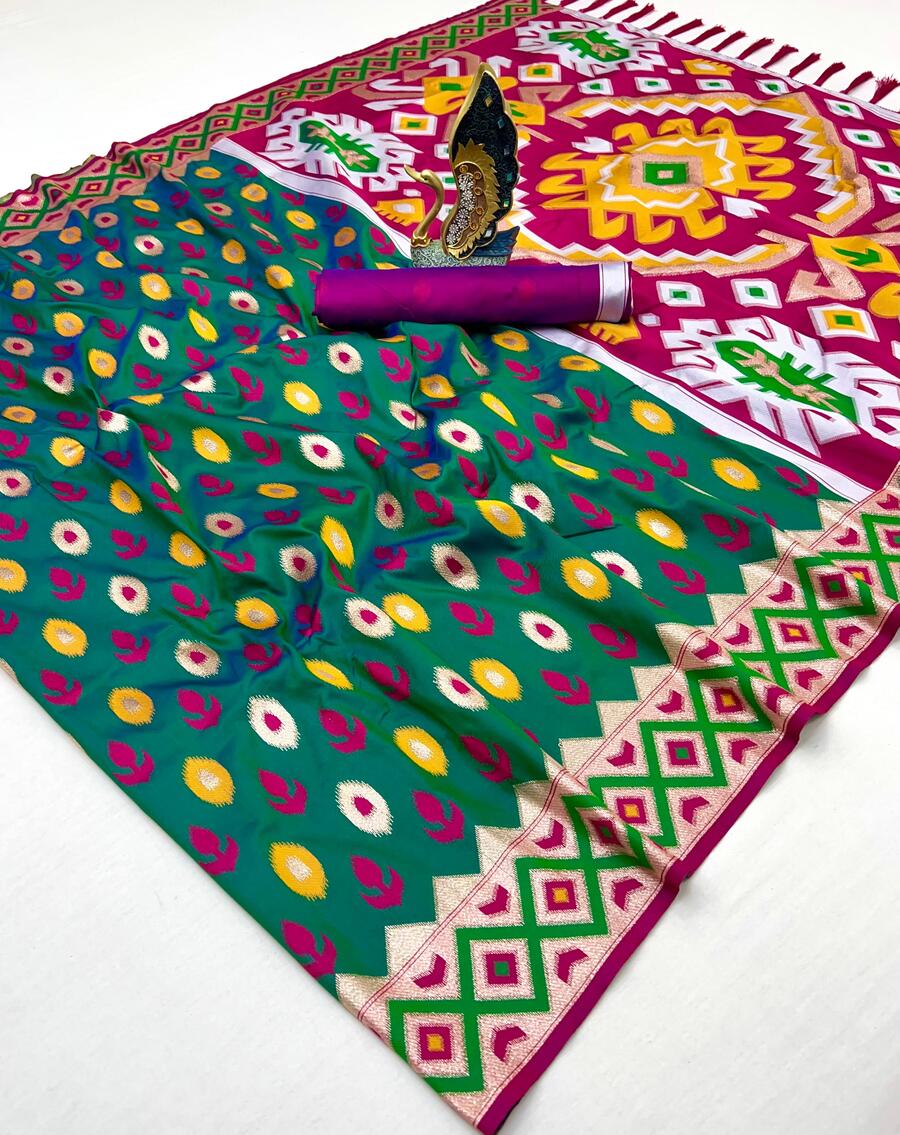 Trendy Green Soft Banarasi Ikkat Saree With Adorning Blouse Piece