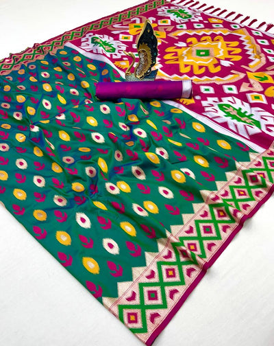 Trendy Green Soft Banarasi Ikkat Saree With Adorning Blouse Piece