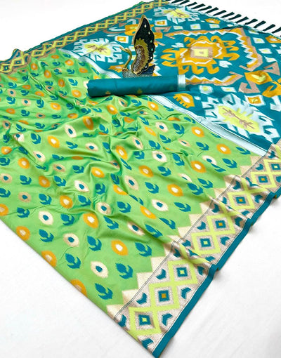 Classy Sea Green Soft Banarasi Ikkat Saree With Aplomb Blouse Piece