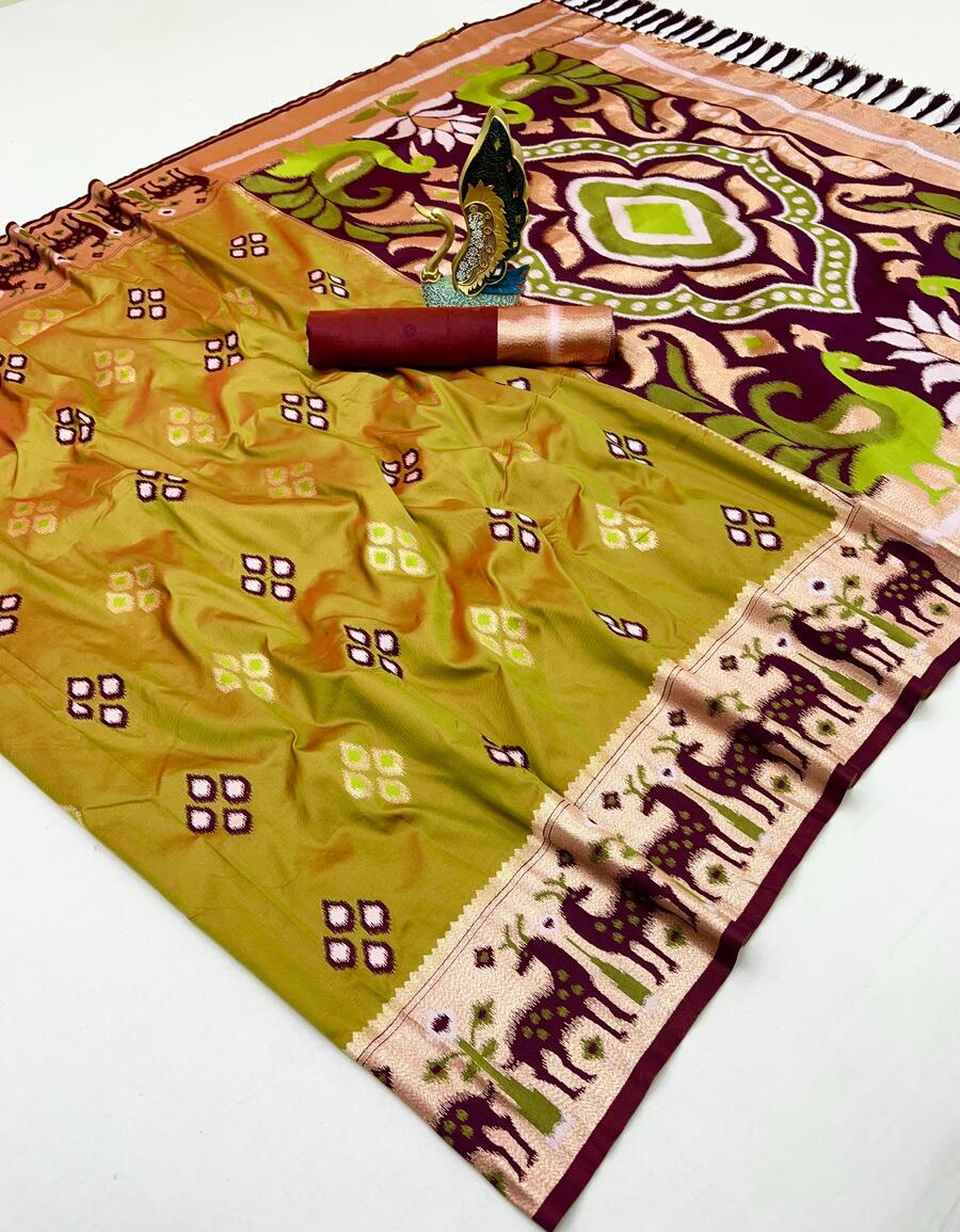 Glorious Mustard Soft Banarasi Ikkat Saree With Ethereal Blouse Piece