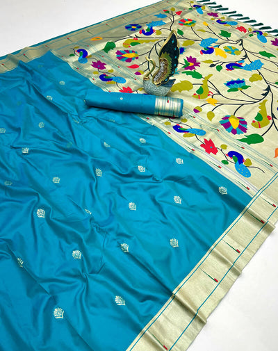 Amazing Firozi Paithani Silk Saree With Charismatic Blouse Piece