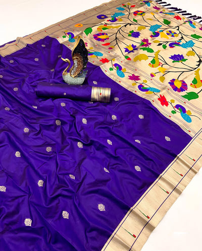 Pretty Navy Blue Paithani Silk Saree With Snazzy Blouse Piece