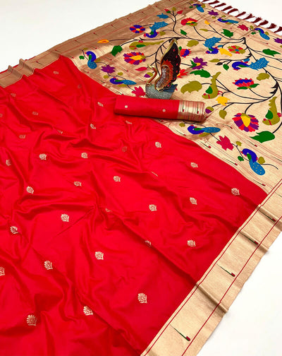 Gorgeous Red Paithani Silk Saree With Murmurous Blouse Piece