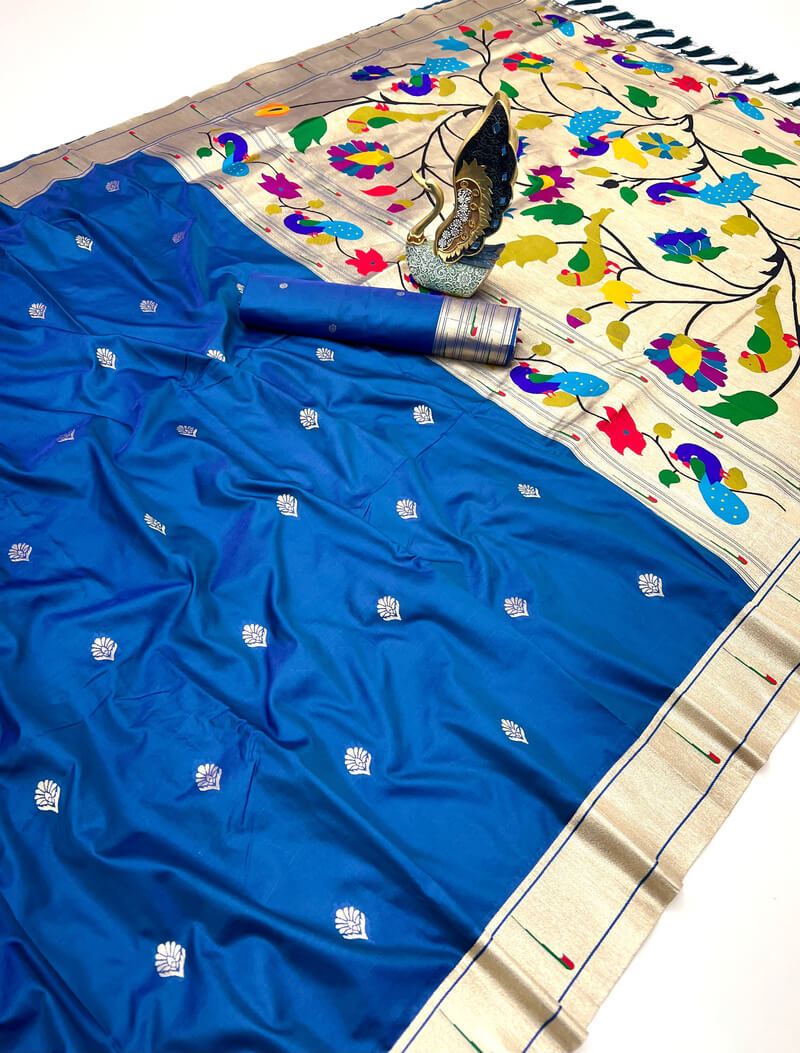Majesty Royal Blue Paithani Silk Saree With Desuetude Blouse Piece