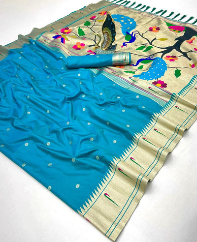 Ideal Firozi Paithani Silk Saree With Glamorous Blouse Piece