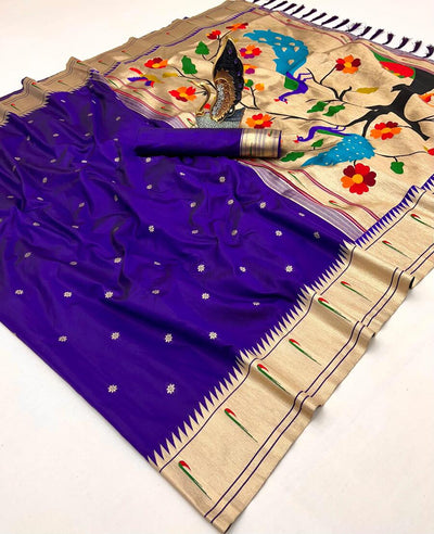 Lovely Navy Blue Paithani Silk Saree With Evanescent Blouse Piece