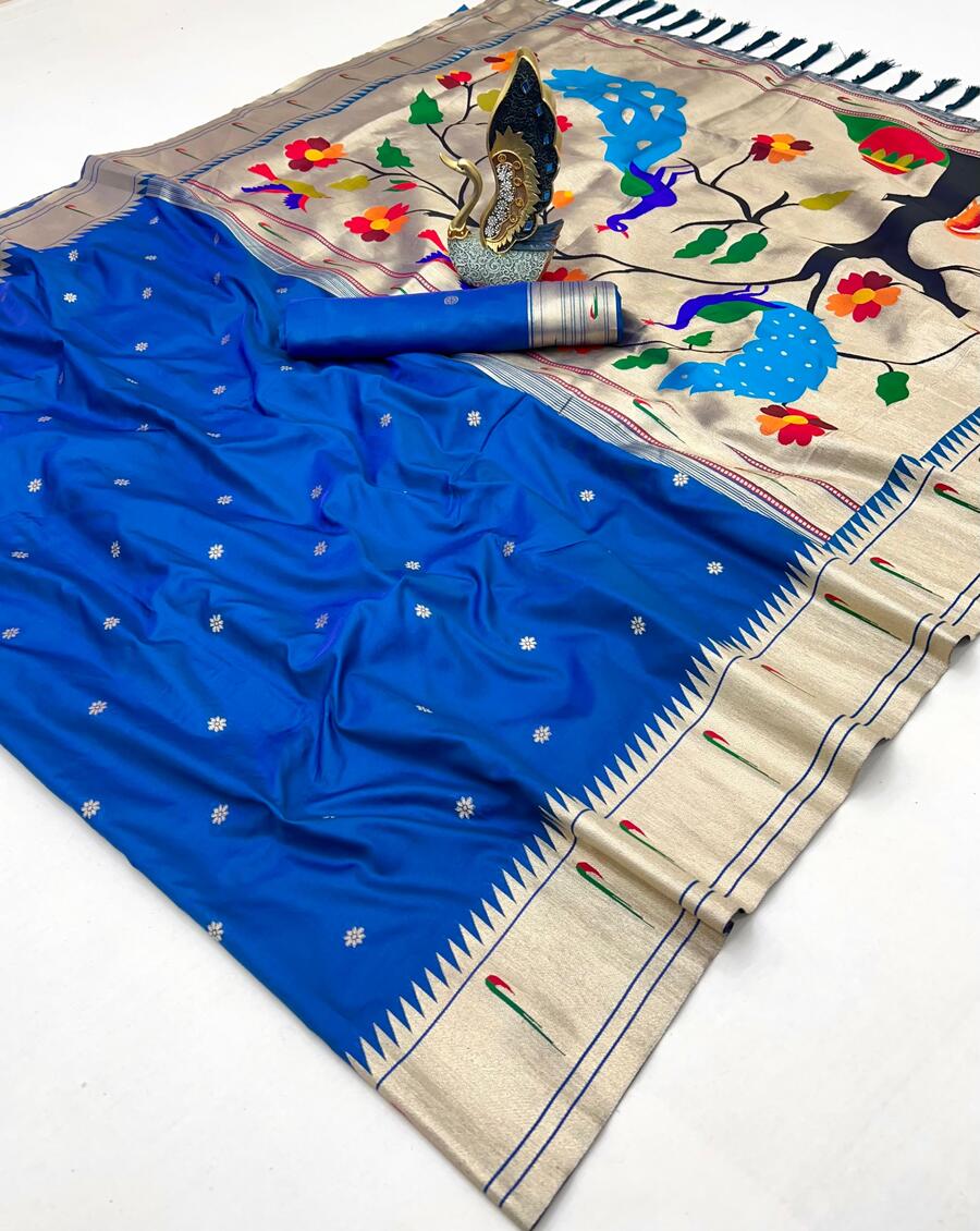 Whimsical Royal Blue Paithani Silk Saree With Excellent Blouse Piece
