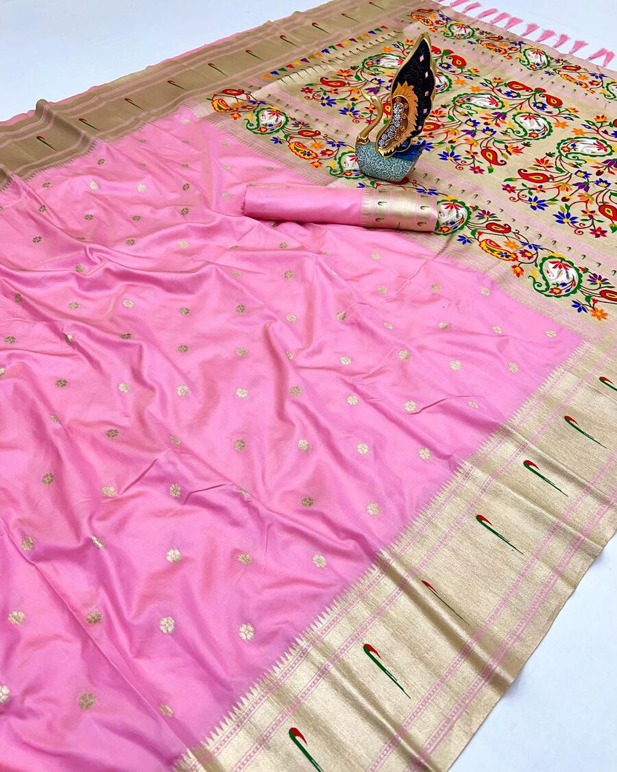 Gratifying Baby Pink Paithani Silk Saree With Amiable Blouse Piece