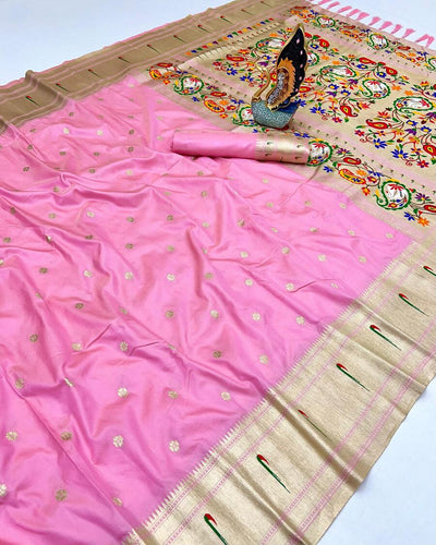 Gratifying Baby Pink Paithani Silk Saree With Amiable Blouse Piece