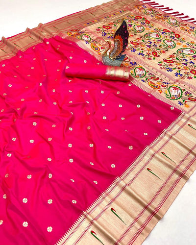 Cynosure Dark Pink Paithani Silk Saree With Delectable Blouse Piece