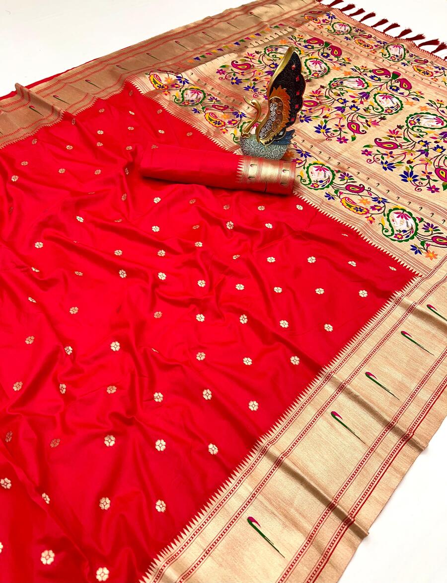 Evocative Red Paithani Silk Saree With Fantabulous Blouse Piece