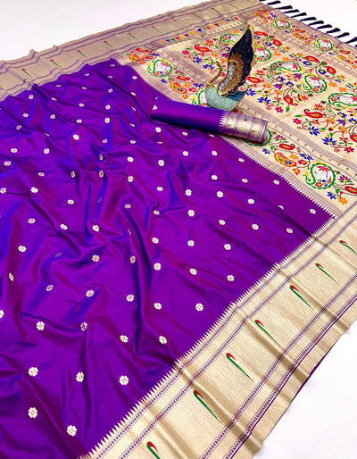Exuberant Royal Purple Paithani Silk Saree With Artistic Blouse Piece