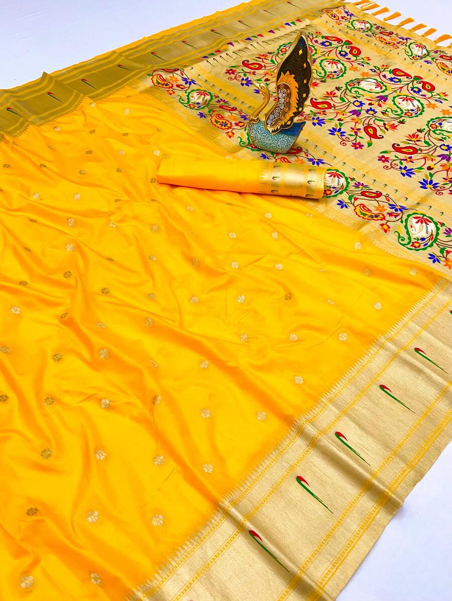 Confounding Yellow Paithani Silk Saree With Charming Blouse Piece