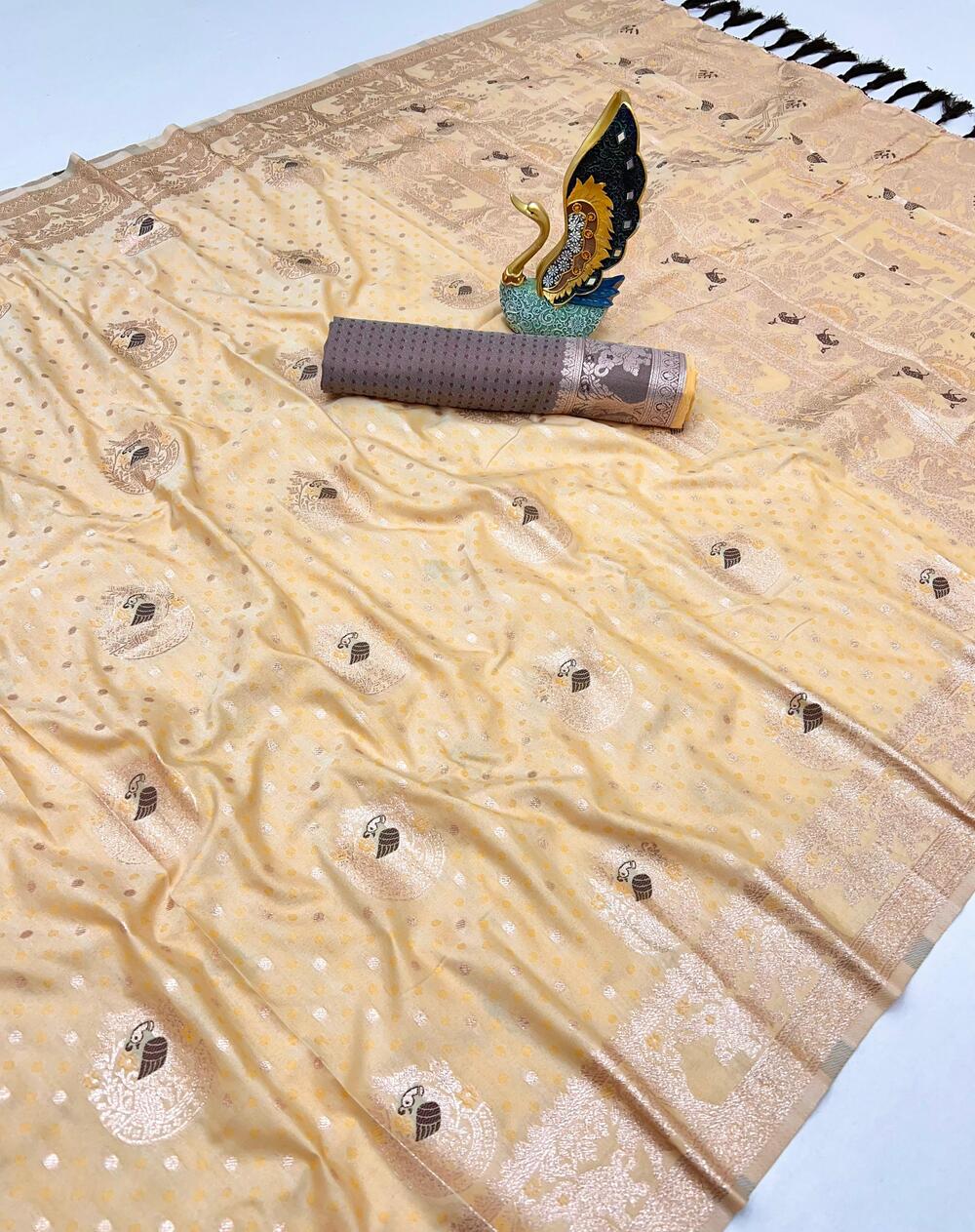 Embellished Beige Cotton Silk Saree With Symmetrical Blouse Piece