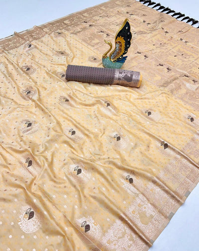 Embellished Beige Cotton Silk Saree With Symmetrical Blouse Piece