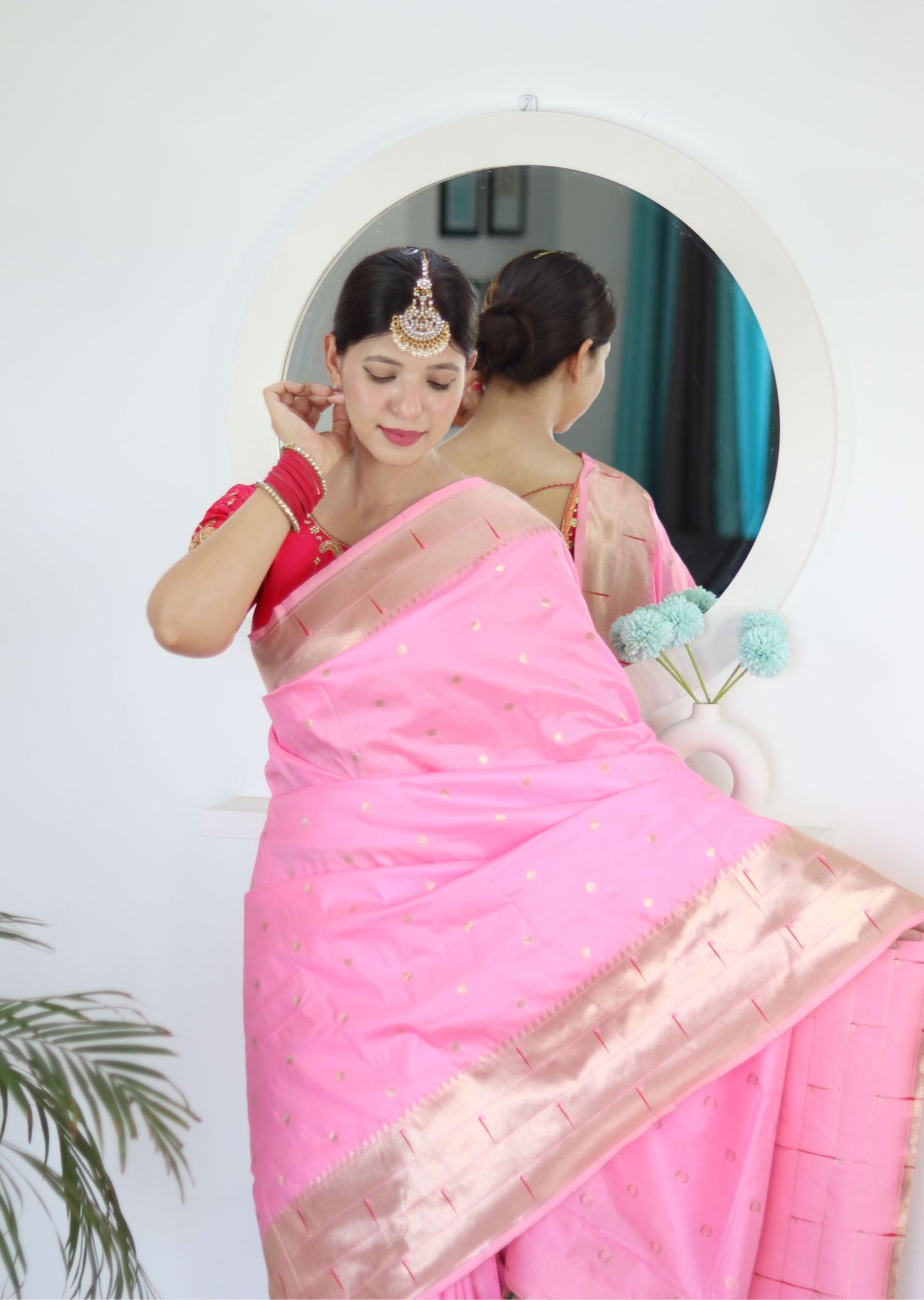 Energetic Baby Pink Paithani Silk Saree With Unique Blouse Piece