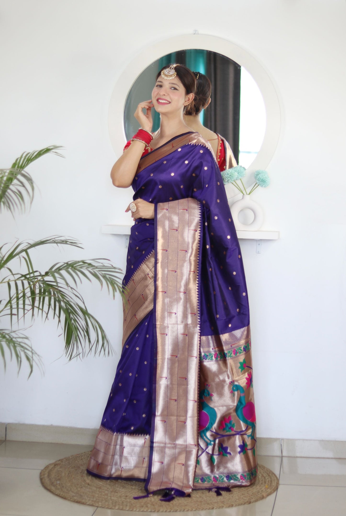 Deserving Navy Blue Paithani Silk Saree With Appealing Blouse Piece