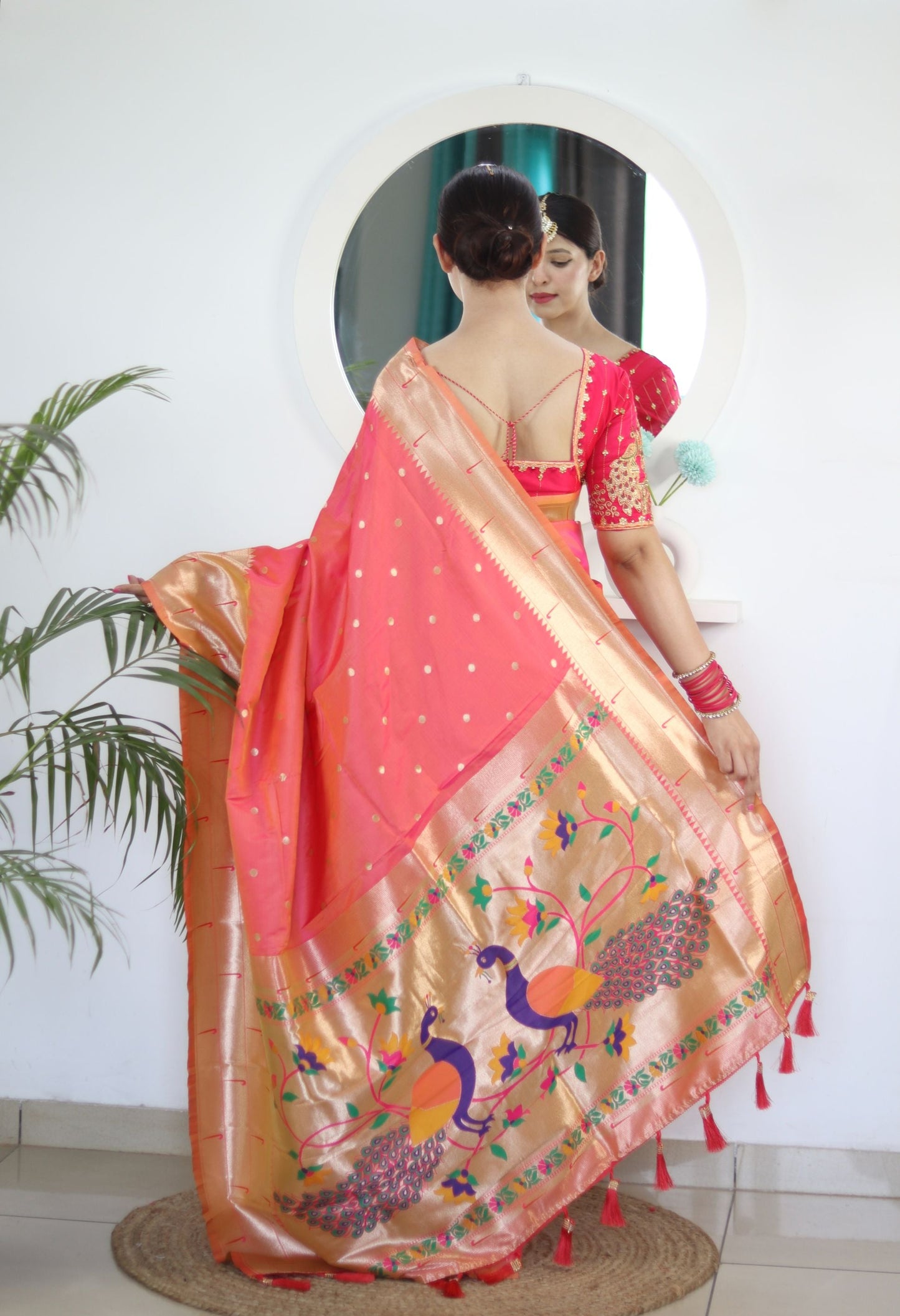 Flameboyant Peach Paithani Silk Saree With Fairytale Blouse Piece