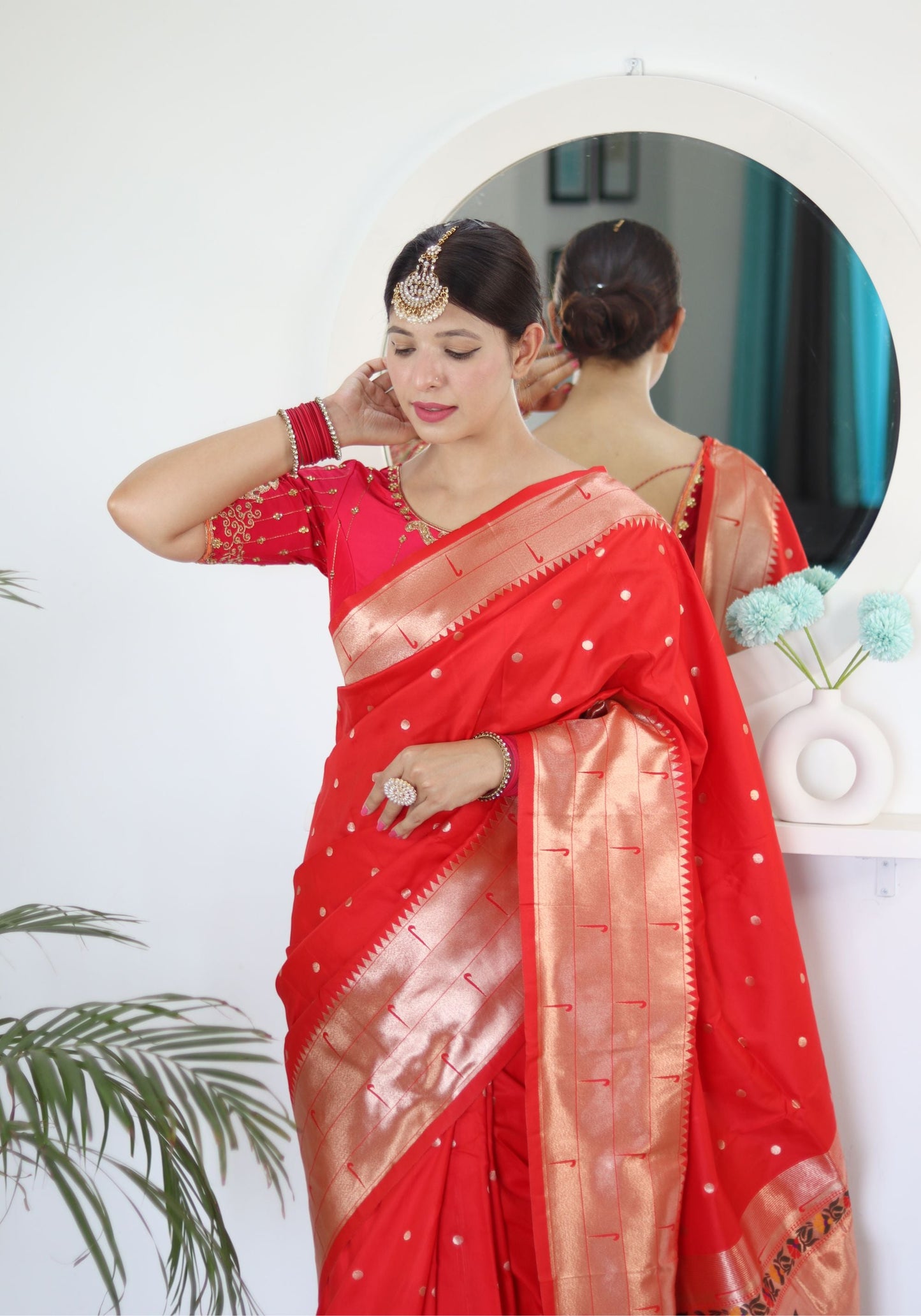 Appealing Red Paithani Silk Saree With Impressive Blouse Piece