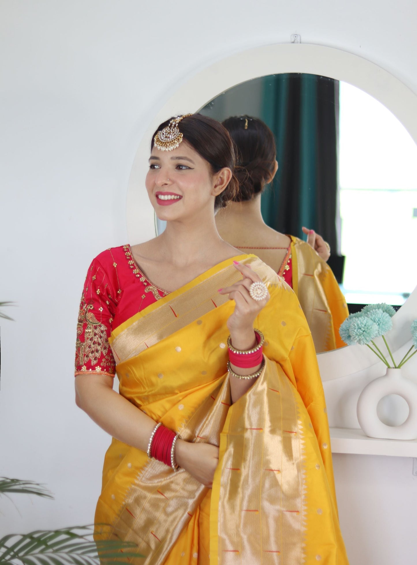 Lovely Yellow Paithani Silk Saree With Gorgeous Blouse Piece