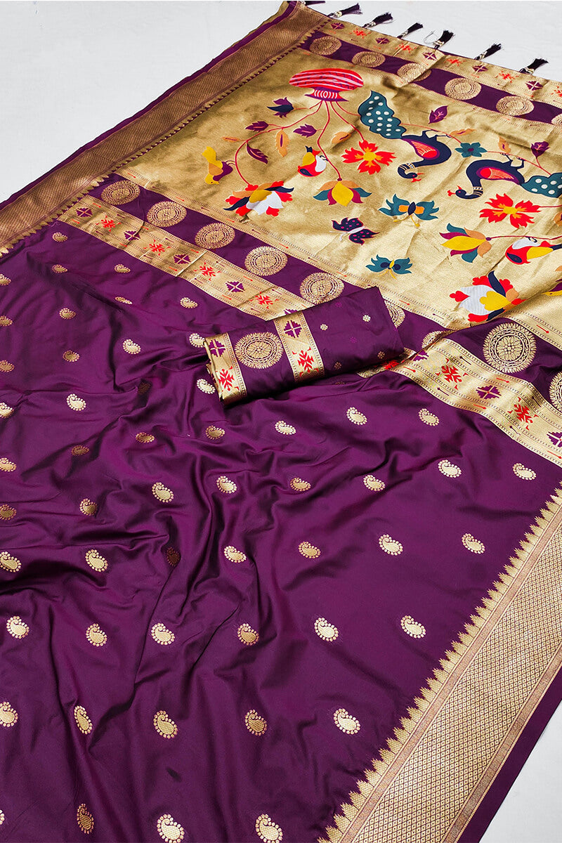 Elaborate Purple Paithani Silk Saree With Scintillating Blouse Piece