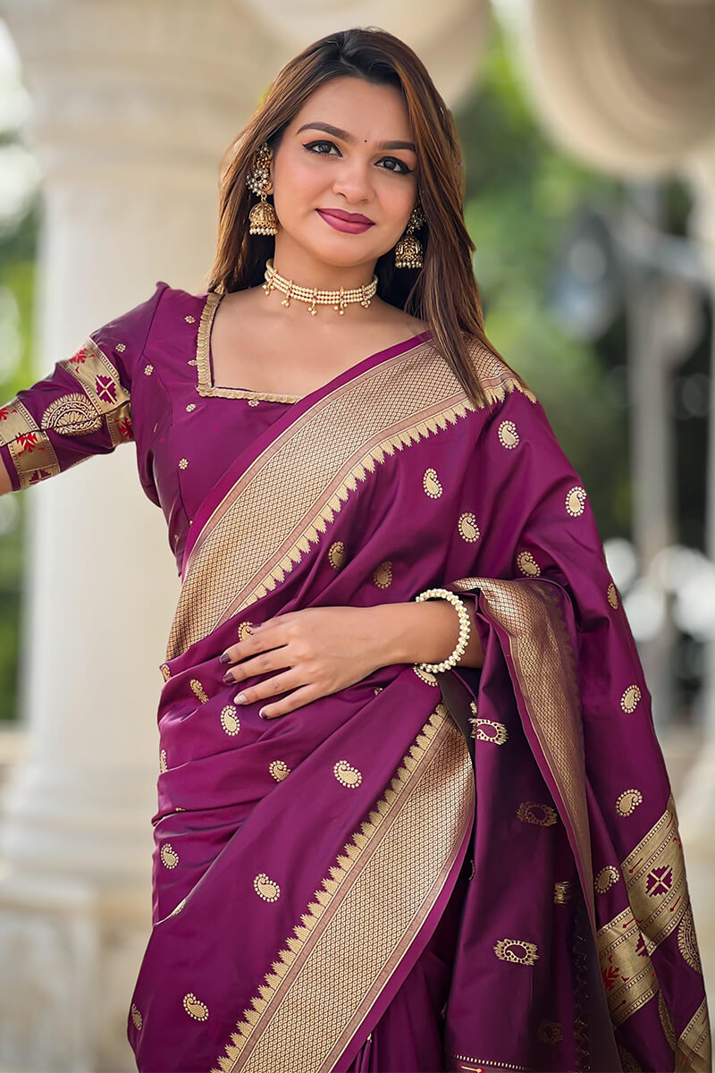 Elaborate Purple Paithani Silk Saree With Scintillating Blouse Piece