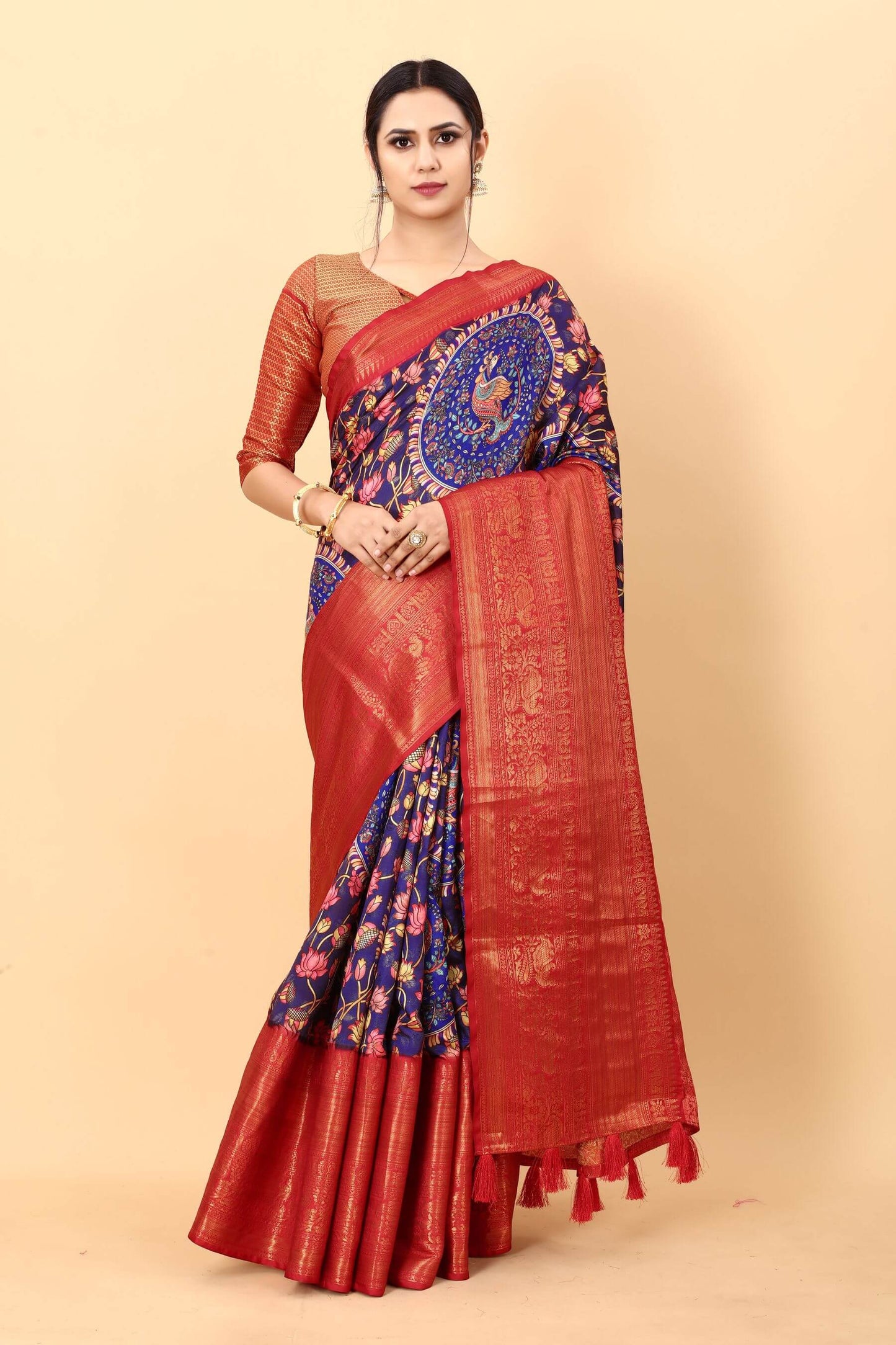Impressive Royal Blue Kalamkari Printed Saree With Preferable Blouse Piece