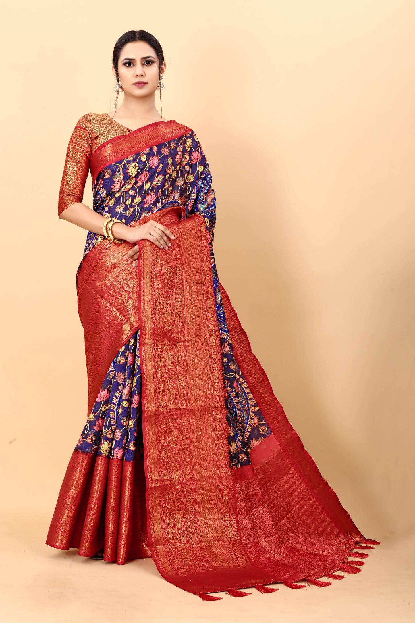 Impressive Royal Blue Kalamkari Printed Saree With Preferable Blouse Piece