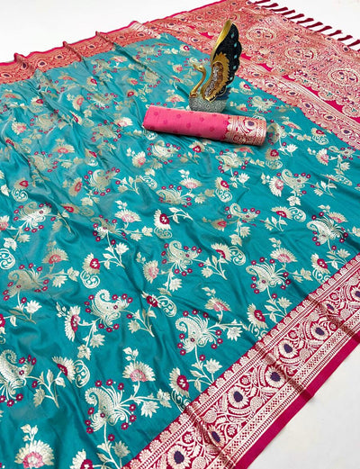 Vibrant Firozi Soft Banarasi Silk Saree With Stunning Blouse Piece