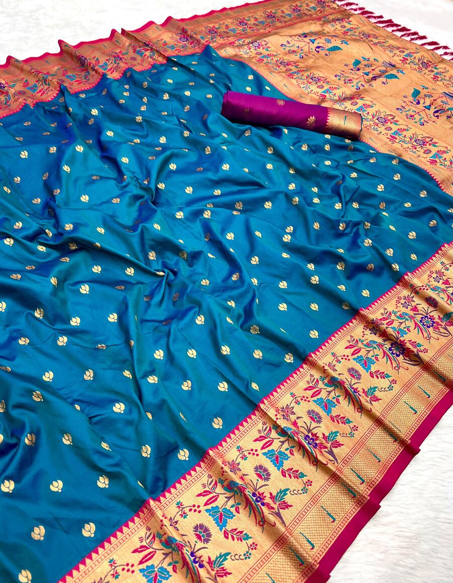 Girlish Blue Paithani Silk Saree With Desultory Blouse Piece