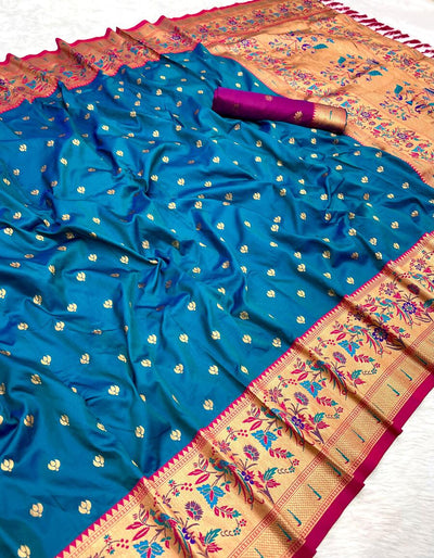 Girlish Blue Paithani Silk Saree With Desultory Blouse Piece
