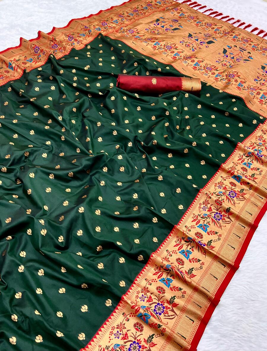 Enigmatic Dark Green Paithani Silk Saree With Sophisticated Blouse Piece