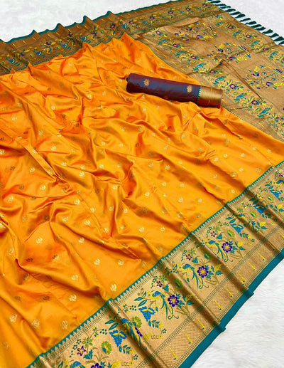 Artistic Yellow Paithani Silk Saree With Transcendent Blouse Piece