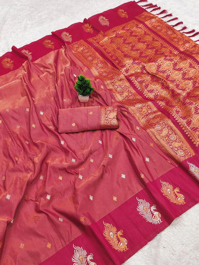 Embrocation Dark Pink Soft Banarasi Silk Saree With Desiring Blouse Piece