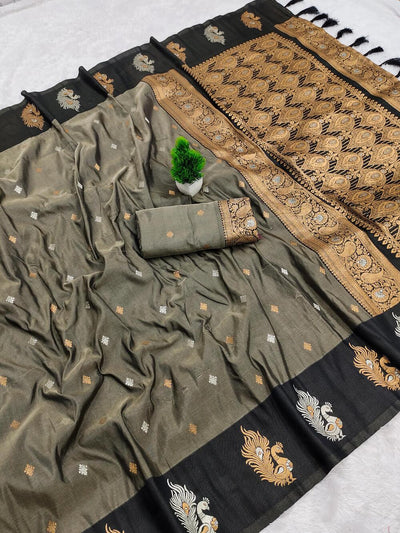 Vivacious Grey Soft Banarasi Silk Saree With Admirable Blouse Piece