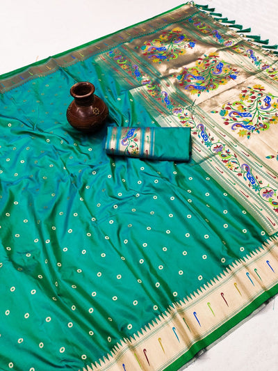 Rama Green Paithani Silk Saree with Rich Peacock Pallu and Blouse Piece