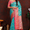 Lovely Firozi Soft Banarasi Silk Saree With Adorning Blouse Piece