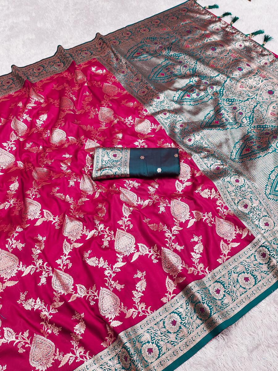 Ethereal Dark Pink Soft Banarasi Silk Saree With Surreptitious Blouse Piece
