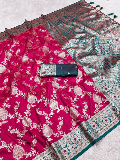 Ethereal Dark Pink Soft Banarasi Silk Saree With Surreptitious Blouse Piece