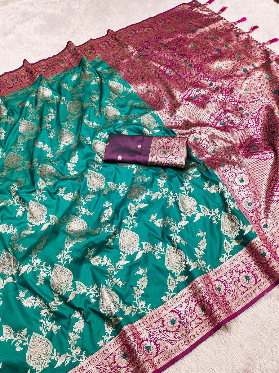 Embellished Rama Soft Banarasi Silk Saree With Outstanding Blouse Piece